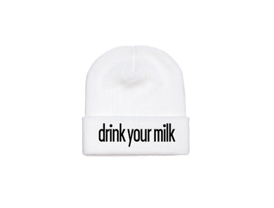 Drink Your Milk - Embroidered White Winter Beanie