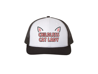 Childless Cat Lady - White & Black Embroidered Trucker Hat