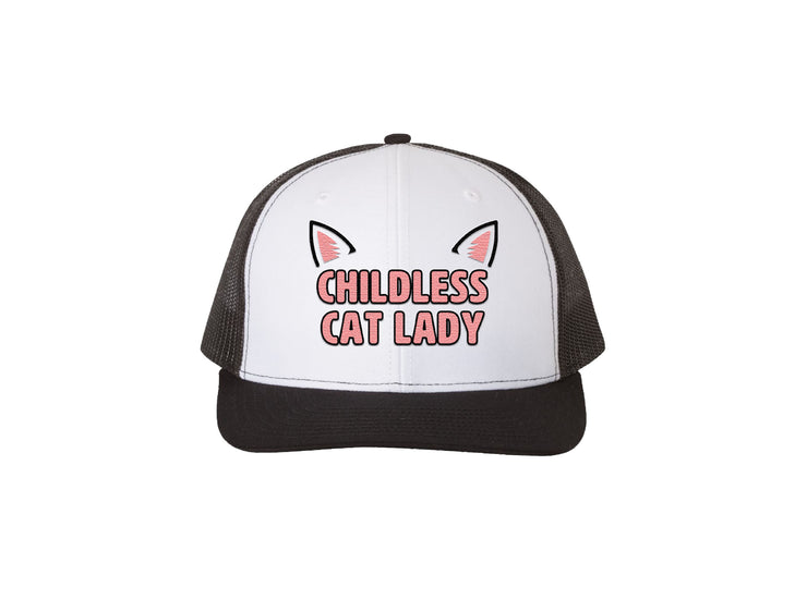 Childless Cat Lady - White & Black Embroidered Trucker Hat