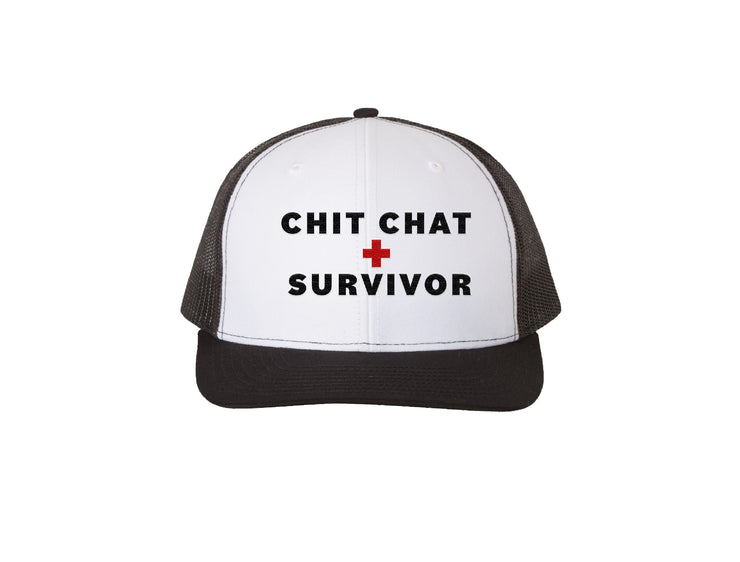 Chit Chat Survivor - White & Black Embroidered Trucker Hat